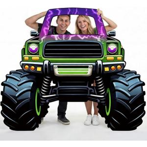 Capoda Monster Truck Cardboard Photo Prop 60x48 Inch Large Racing Car Photo Cutout Stand Up Backdrop with Face Hole Flame Off-Road Vehicle Prop for Birthday Party Decorations (Purple Truck)