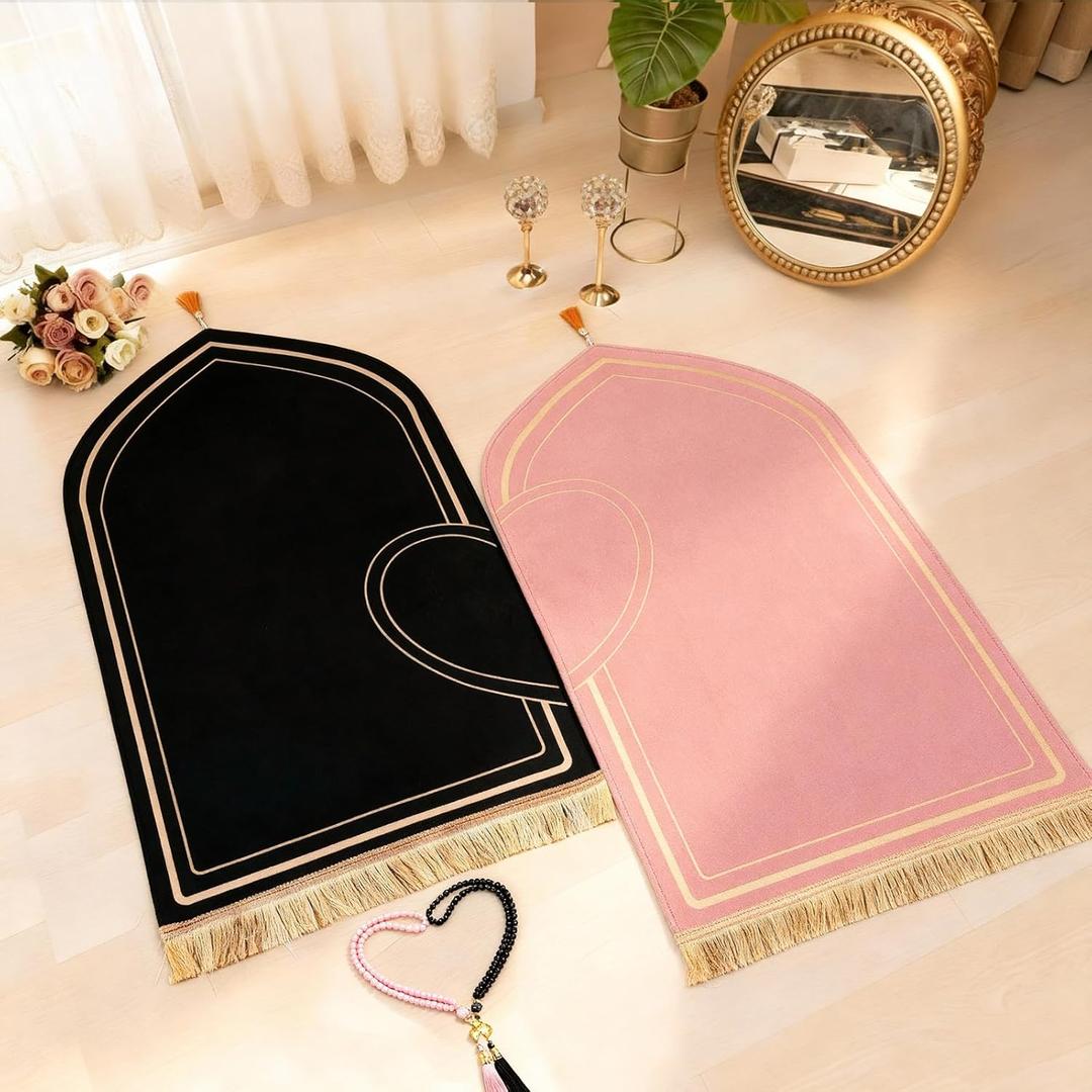 Drydiet 2 Pcs Muslim Couple Prayer Rug Set Heart Design with 2 Pcs Prayer Beads Islamic Muslim Gift Pink and Black Travel Mat Soft Velvet Mat for Couple Women Men Ramadan Eid Wedding Birthday