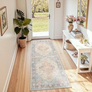 RELEANY Area Rugs 2'x6' Runner Rug Non Slip Washable for Kitchen Hallway Bedroom Beside Laundry Room Bathroom Rug, Floor Carpet, Blue Orange Red