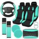 Fulmoon 17 Pcs Car Accessories Set for Women Seat Bling Leather Steering Wheel Cover Seat Belt Shoulder Pad Armrest Cup Holders Covers Full Crystal Decor Automotive Interior(Mint Green and Black)