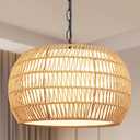 FRIDEKO HOME Rattan Chandelier 4-Lights Boho Pendant Light, Farmhouse Rustic Hanging Light Fixture with Fabric Shade Hand Woven Chandelier for Kitchen Island Dining Room Living Room (Brown)
