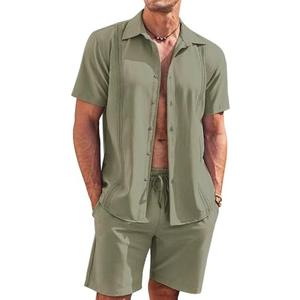 COOFANDY Men's 2 Piece Short Set Cuban Guayabera Shirts Short Sleeve Casual Beach Outfits Set, L
