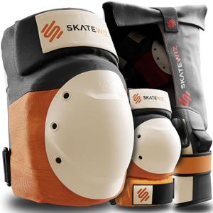 SKATEWIZ Knee and Elbow Pads Adult - Skating Protective Gear Adult Knee and Elbow Pads Set with Wrist Pads - SHIELD - Size M/L Orange - Roller Skate Protective Gear for Women & Men