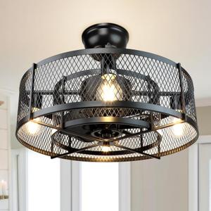 Caged Ceiling Fan with Lights: Black Rustic Bladeless Ceiling Fans with Remote - Farmhouse Fan Lights Ceiling Fixtures for Low Profile Living Room Bedroom Kitchen (E26 Based)