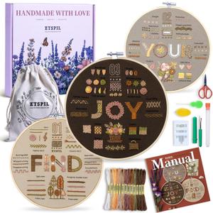 ETSPIL Find Your Joy Beginner Embroidery Kit,3 Pack DIY Starter Kits for Adults with 42 Stitch, Stamped Patterns, Floral Designs, Embroidery Hoop, Colorful Floss, Video Tutorials, and Storage Bag, medium