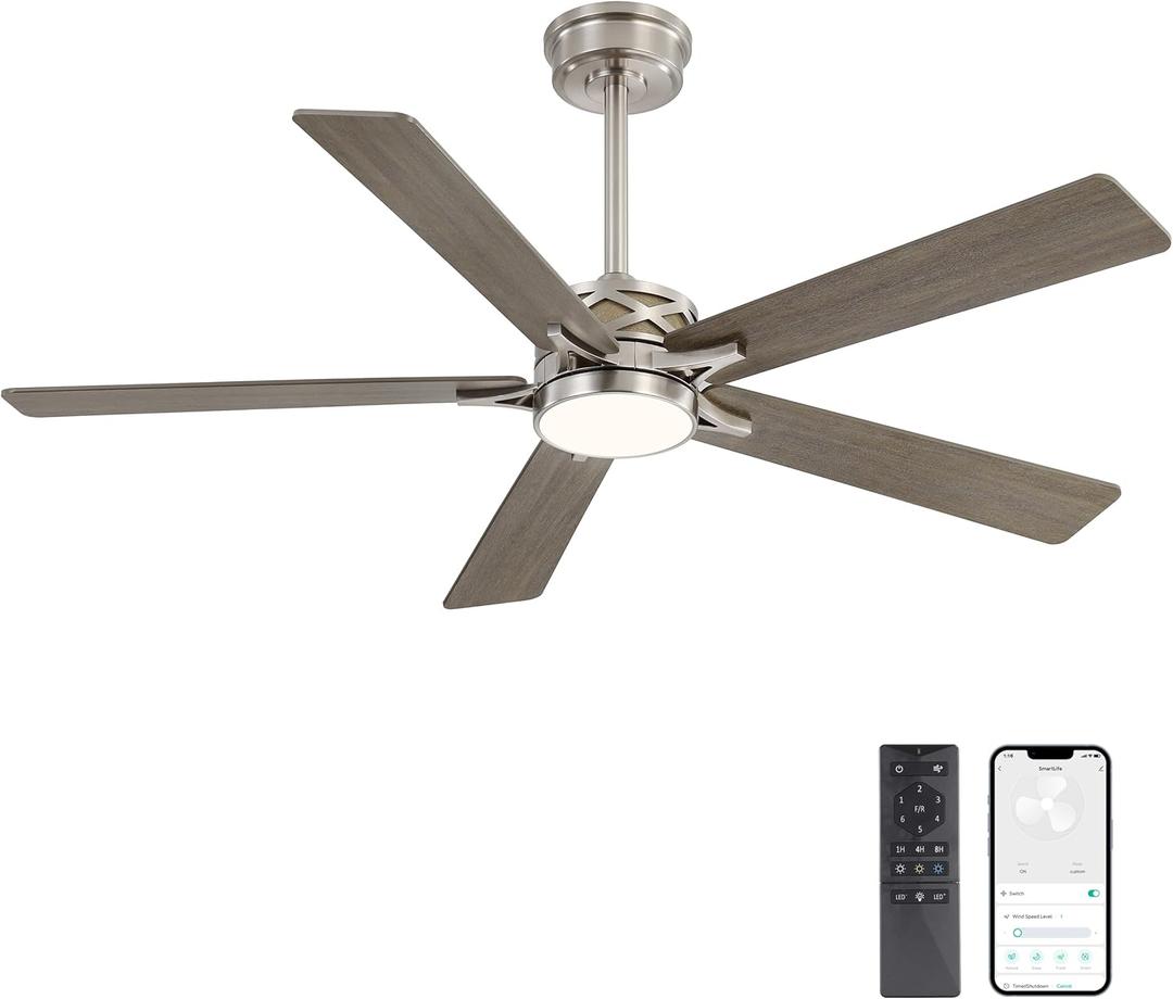 WINGBO 52" Smart Ceiling Fan with Lights, 5 Plywood Blades, 6 Speeds Reversible DC Motor, Works with Alexa and Google Assistant, 3CCT Dimmable LED Ceiling Fan for Bedroom Living Room, Nickel and Grey