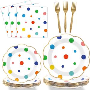 96 Pcs Colorful Birthday Plates and Napkins Colorful Polka Dots Party Supplies Rainbow Dots Tableware Table Decorations Confetti Plates Napkins Rainbow Party Favor for Baby Shower Wedding 24 Guests