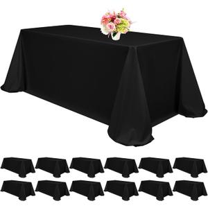 12 Pack Black Tablecloths for 8ft Rectangle Tables 90 x 132 Inch - Polyester Table Cover Stain and Wrinkle Resistant Washable Fabric Table Clothes for Wedding Party Banquet Reception Restaurant
