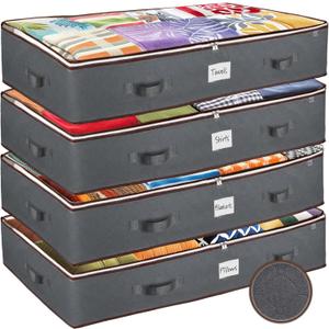 Under Bed Storage Bins - Pack Of 4 Under The Bed Storage Containers For Clothes, Blankets, Winter Clothing, & Shoes - Underbed Storage Containers With Handles, Dual Zippers, & Clear Top (Gray)