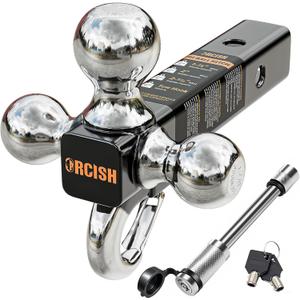 ORCISH Trailer Hitch Tri-Ball Mount with Hook Contain Secure Self-Lock Latch, Trailer Ball Size 1-7/8", 2" and 2-5/16", Fit 2 Inch Hitch Receiver, Truck Tow Hitch with Double Anti-Theft Pins Locks (Upgrade)