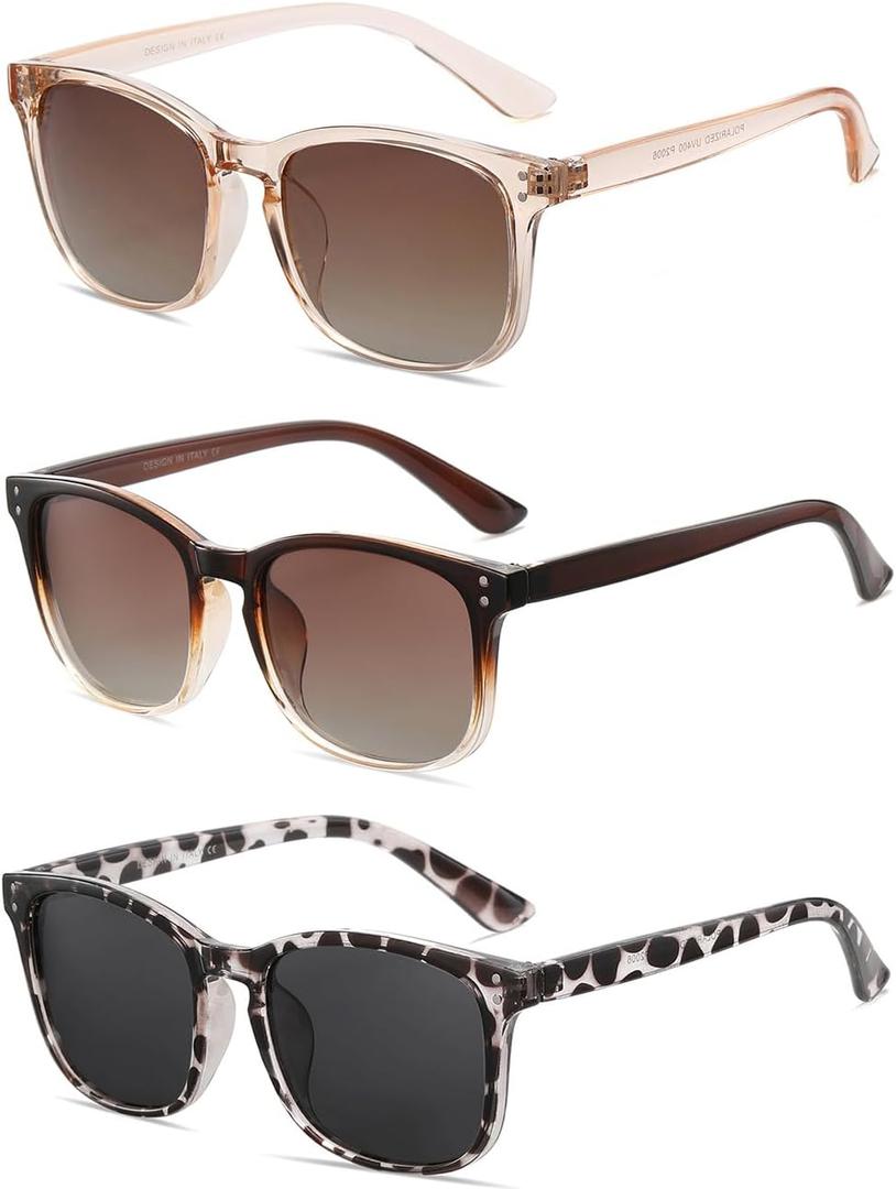Polarized Sunglasses for Women Classic Retro Trendy Style Sun glasses UV 400 Protection(3 Pack) (A1 Transparent Brown+brown Gradient+leopard Grey(3 Pack))