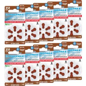 Powermax Size 312 Hearing Aid Batteries, 60 Count Long-Lasting Battery Pack, Brown Long Tab for Easy Change