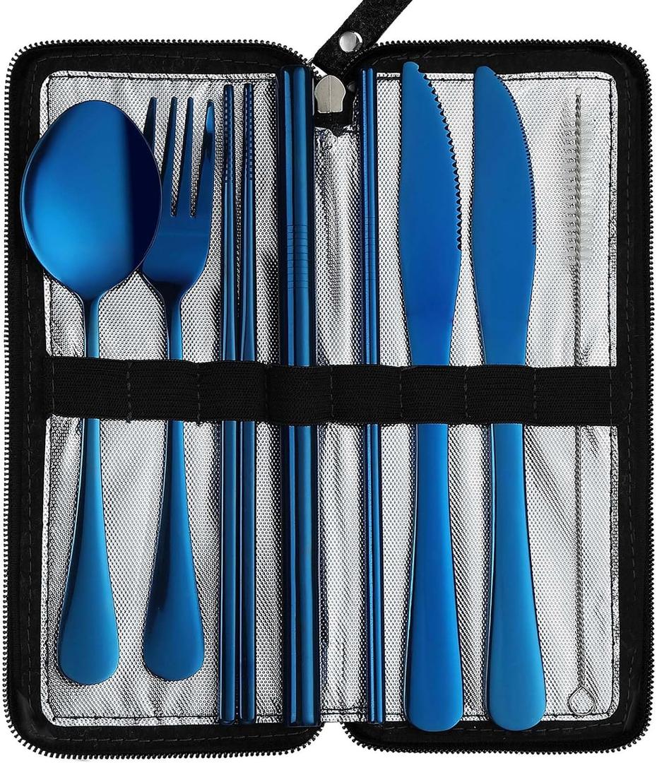 VANDBAO Camping Utensils Set, Portable Travel Utensils with Case for Fixing Tableware, Reusable Stainless Steel Cutlery Set, Includes Extra Steak Knife and Boba Straw, Lunch Flatware Silverware, Blue Set