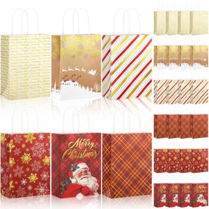 24 Pcs Christmas Gold Foil Gift Bags with Handles, 6 Assorted Xmas Designs, 8.3 x 6 x 3.5'' Holiday Kraft Paper Red and Gold Gift Bags for Christmas New Year Winter Party Favor, Goody Treat Wrapping
