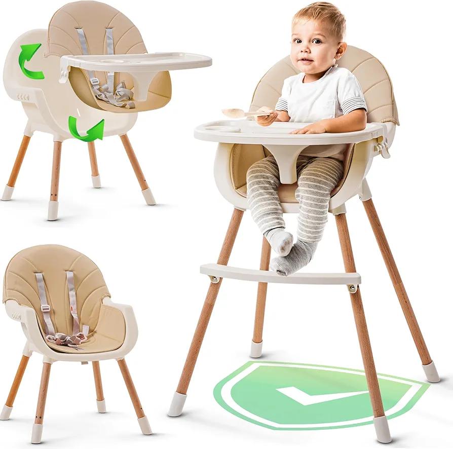 3-in-1 High Chair for Babies and Toddlers - Convertible Wooden Baby Highchair for Eating with Safety Belt, Foldable Baby Feeding Chair with 3-Position Removable Tray, Adjustable Legs (Beige)