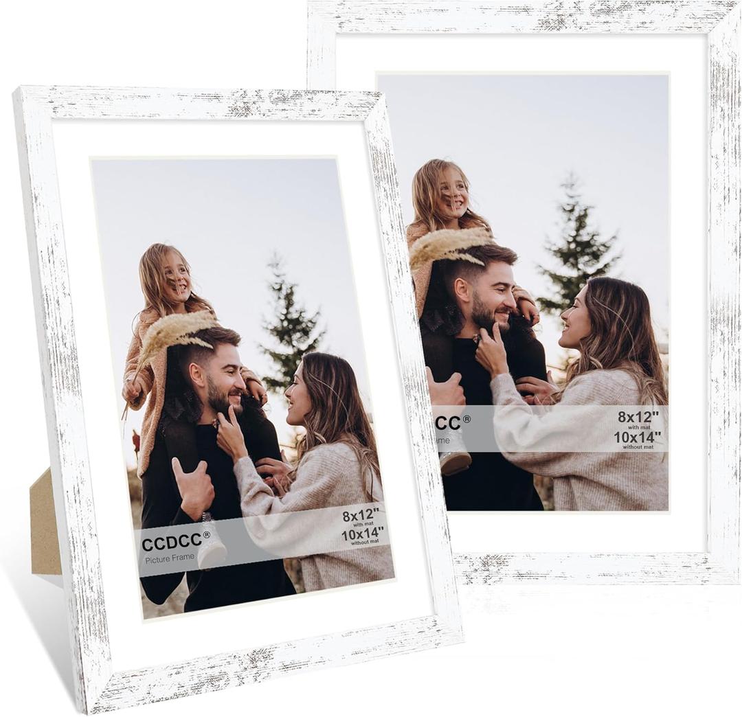 10x14 Picture Frame Set of 2, 10 x 14 Wood Photo Frames with Mat for 8x12 or 30x40cm Diamond Painting Art, Wooden Frame with Real Glass Cover for Wall and Tabletop Display,Distressed White