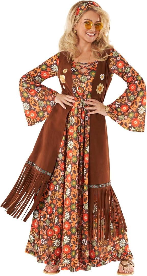 Morph Hippie Costume Women 70s Hippie Dress Outfits 60s Costumes Retro Boho Style Festival Wear for Women, Small