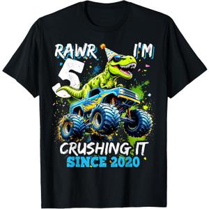 5th Birthday Monster Truck Dinosaur Party Boys Rawr I'm 5 T-Shirt, Black , Medium 