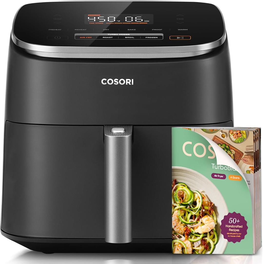 Cosori 9-in-1 TurboBlaze Air Fryer 6 Qt, PFAS-Free Ceramic Coating, 90450F, Precise Heating for Even Results, Air Fry, Roast, Bake, Broil, Dry, Frozen, Proof, Reheat, Keep Warm, 120V, Dark Gray