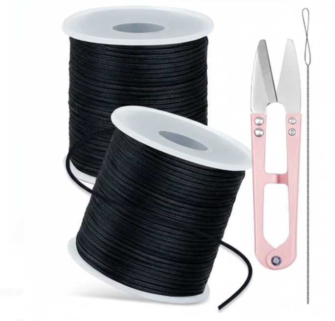 2 Rolls FIVEIZERO Black Elastic Bracelet String Total 330 Feet,1mm,1.2mm,1.5mm Elastic Cord for Beading Stretchy String with Beading Needle for Bracelets, Sewing, Necklace, Jewelry Making and Crafts