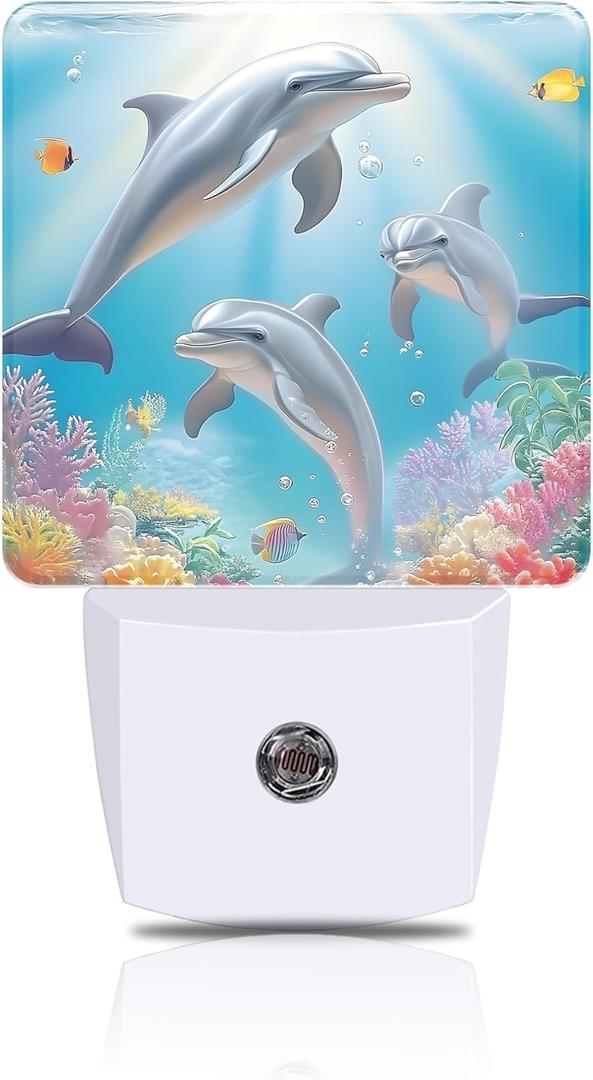 Night Light Dolphin in Colorful Underwater World Night Lights Plug into Wall Smart Dusk to Dawn Sensor 0.5W Energy Efficient Led Lamp for Men Women Bedroom Bathroom Hallway Stairway Decor