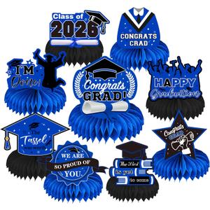 2 x 9Pcs Graduation Decorations Class of 2026 Blue and Black - Congrats Grad Honeycomb Centerpieces, Large Graduation Table Toppers for High School College Graduation Party Supplies 2026