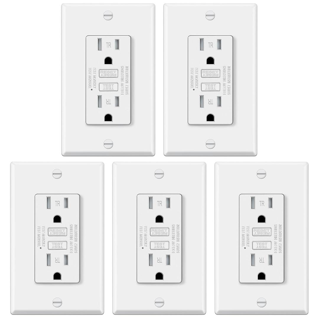 5 Pack GFCI Outlets 15 Amp, Tamper Resistant (TR), Ultra Slim GFI Receptacles with LED Indicator, Ground Fault Circuit Interrupter, Decor Wallplate Included, ETL Listed, White