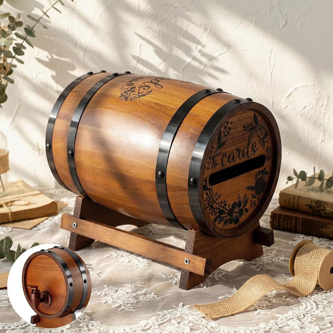 Wooden Wedding Card Box with Slot for Reception 10.5inch Wedding Whiskey Barrel with Base Rustic Money Envelope Boxes Holder for Bridal Shower Birthday Graduation Decor