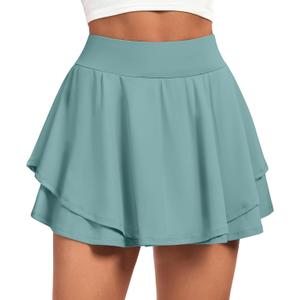 IUGA Tennis Skirt Pleated Skorts for Woman Double Ruffle Golf Skirts for Women Skort with Pockets Tummy Control Athletic, Sage, XL