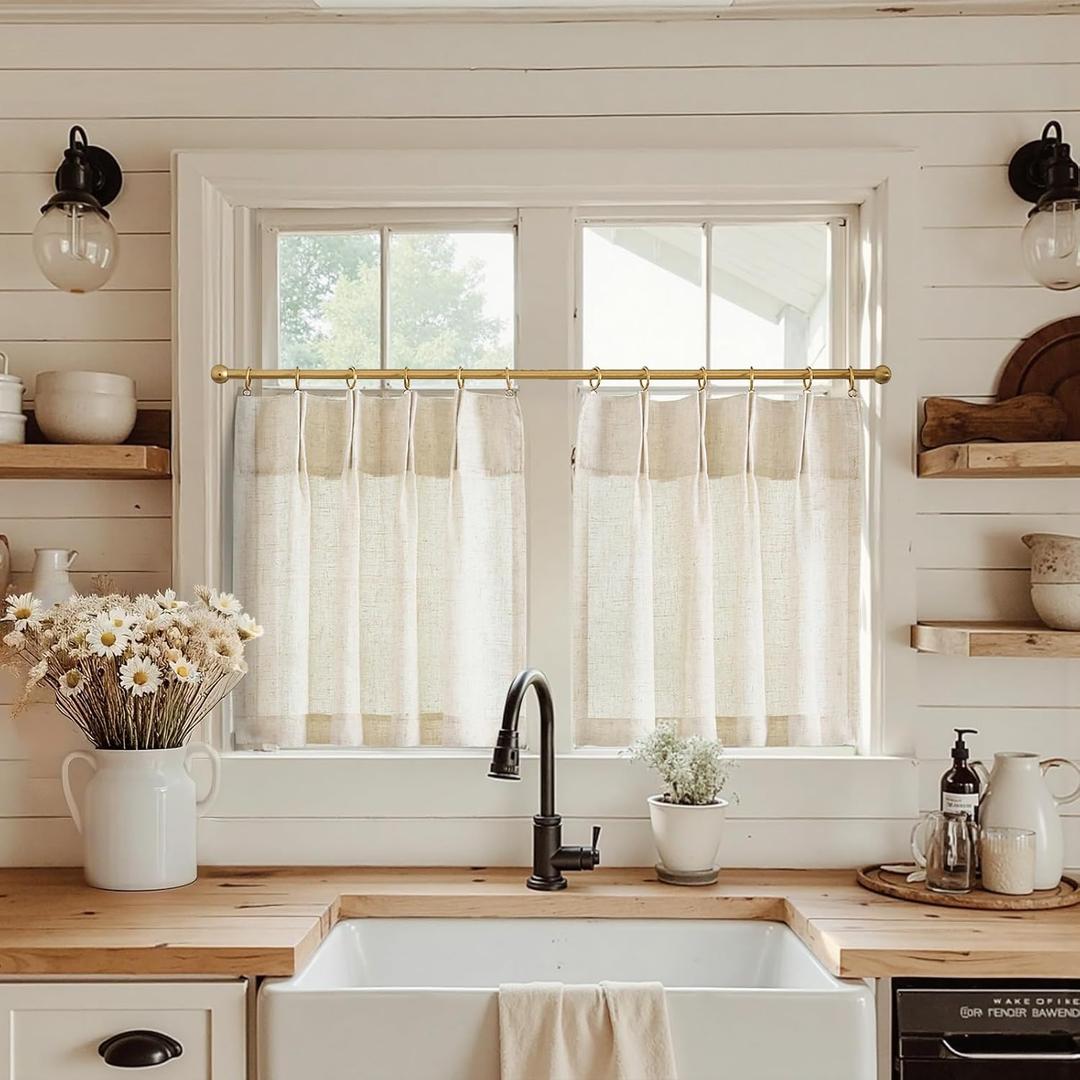 jinchan Linen Pinch Pleated Kitchen Curtains 30 Inch 2 Panels, Natural Linen Tier Curtains Back Tab Farmhouse Cafe, Light Filtering Small Window Drapes for Bathroom Laundry Room Beige