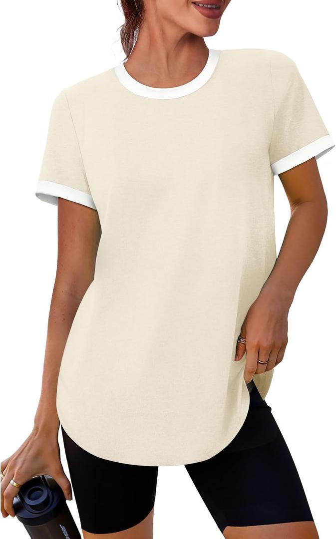 Womens Workout Tops Summer Short Sleeve Shirts Athletic Color Block Gym Clothes Outfits Sun Protection UPF 50+ T Shirts (Beige, XL)