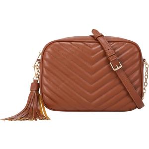 Daisy Rose Quilted Shoulder Cross Body Bag & Detachable Tassel, PU Vegan Leather (Brown)