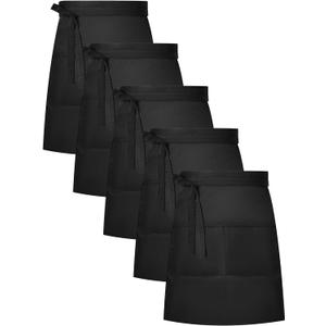 Twistover 5 Pack Half Bistro Aprons with 2 Pockets Unisex Black Server Apron with Extra Long Front Waist Ties for Men Women