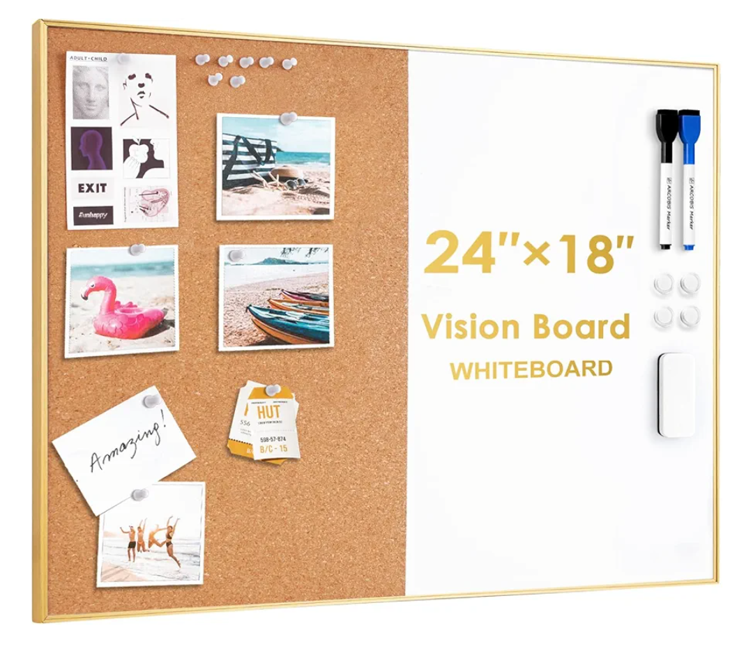 Okydoky Cork Board White Board Combo, 18" x 24" Magnetic Dry Erase Board/Bulletin Combination Board, Gold Aluminum Frame, Whiteboard & Corkboard(ZHBB-Gold-4560)