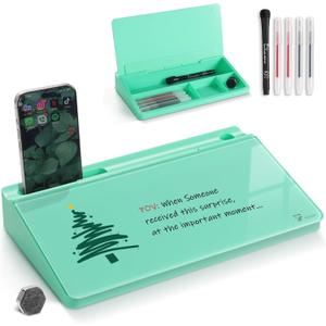 TOWON Small Compact Glass Desktop Whiteboard with Storage  12 x 7 in Dry Erase Board for Desk, Home Office, School | Includes 5 Markers, Eraser & Holder | Space-Saving Organizer, Aesthetic Mint Green