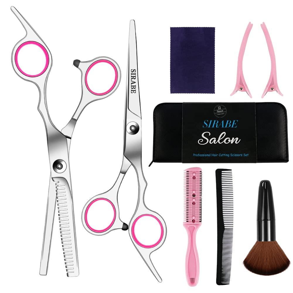 Sirabe 9 PCS Hair Cutting Scissors Thinning Shears Kit, Professional Haircut Scissors Set, Barber Hairdressing Texturizing Shears Tools for Salon Home Men Women Kids Adults Pet (Pink)