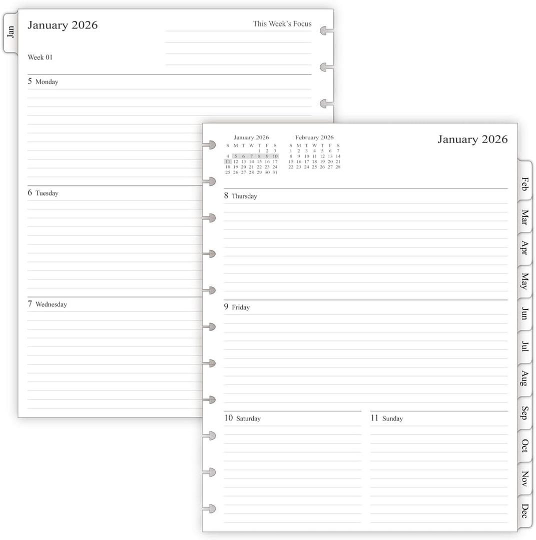 2026 Weekly Planner Refills for 11-Discbound Notebooks, Monthly Tabs, 11-Disc Punches, Letter Size, 8-1/2" x 11"