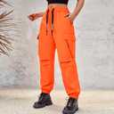 Baggy Cargo Pants Women High Waisted Parachute Pants Lightweight Hiking Joggers Streetwear with Pockets (Orange, XXL)