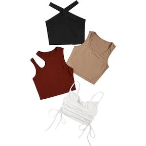 Milumia Women's 4 Piece Ribbed Knit Cut Out Drawstring Sleeveless Crop Tank Tops Set, XL