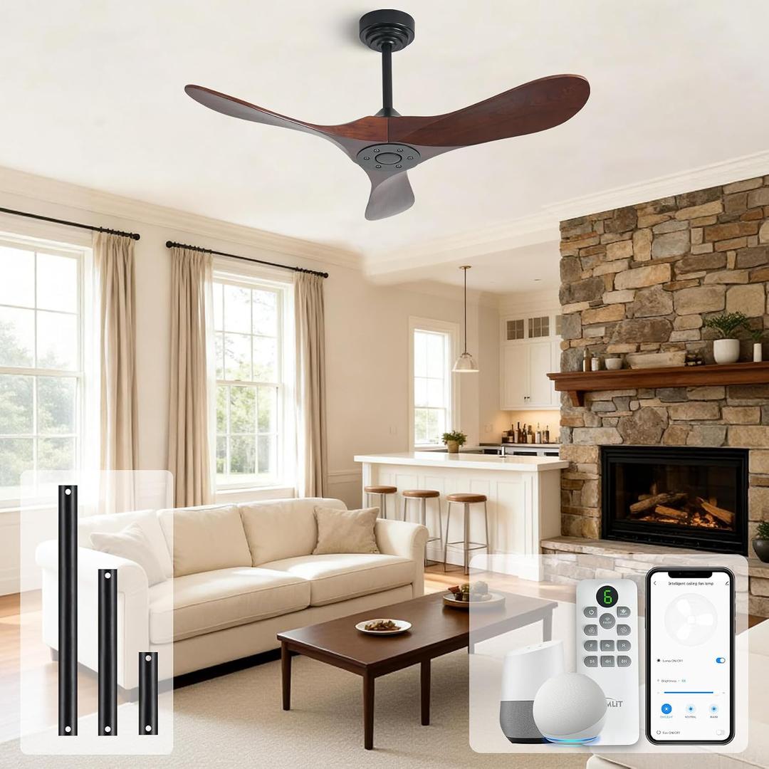 Outdoor Ceiling Fan Without Light, 42Inch Smart Ceiling Fan with Remote & Voice Control for Alexa/Google, 3-Blade Wood Fan, Quiet DC Motor, 6 Speeds for Patio, Porch, Farmhouse, Dark Walnut