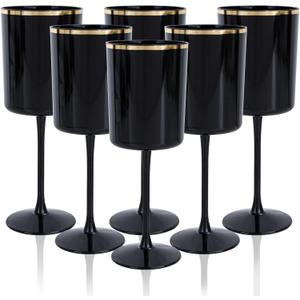 Ciaell 12 Pack 10 OZ Black Plastic Glasses with Stem - Black and Gold Disposable Glasses Perfect for Parties & Weddings & Toasting & Outdoors & Camping & Halloween