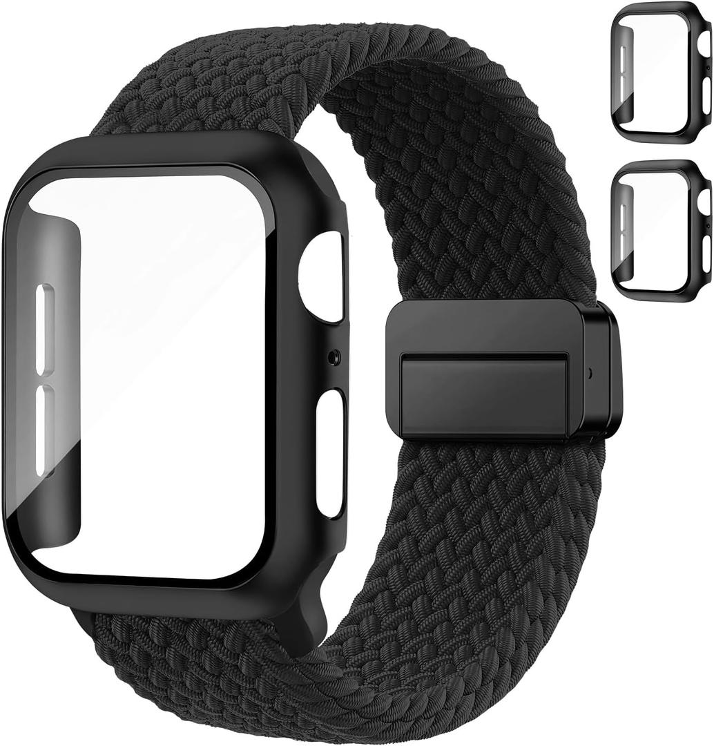 Braided Bands and Case for Apple Watch Bands for Women 40mm 44mm 46mm 42mm 45mm 41mm 38mm Men,Magnetic Nylon Sport Stretchy Solo Loop Elastic Strap with Cover for iWatch Series 11 10 9 8 7 6 5 4 3 SE (01-Black+Black)