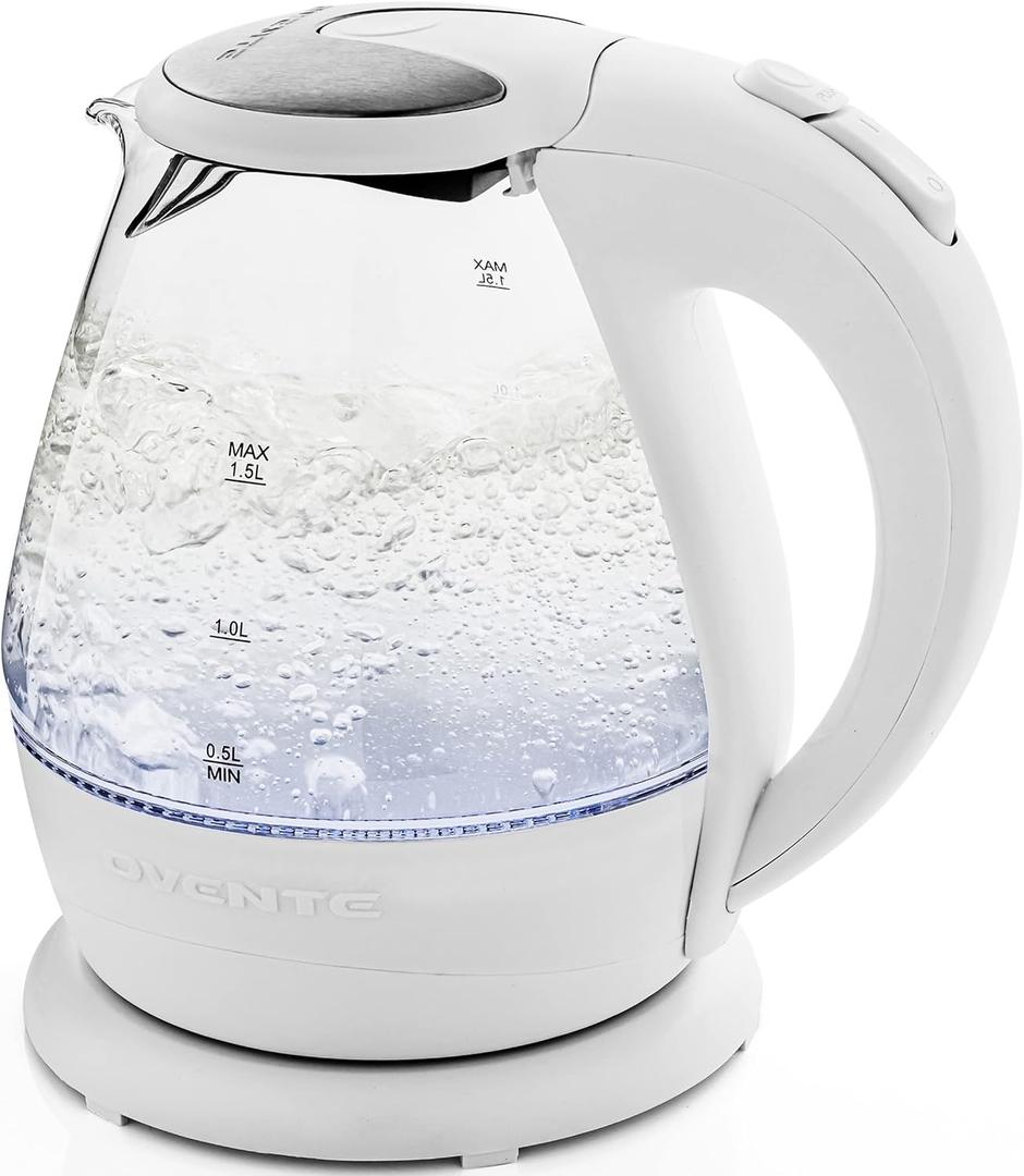 OVENTE 1.5L Glass Electric Kettle with Blue LED Light, 1100W Lighted Countertop Water Heater and Boiler for Coffee or Tea, Auto Shut-Off, Boil Dry Protection and Stainless Steel Lid, White KG845W