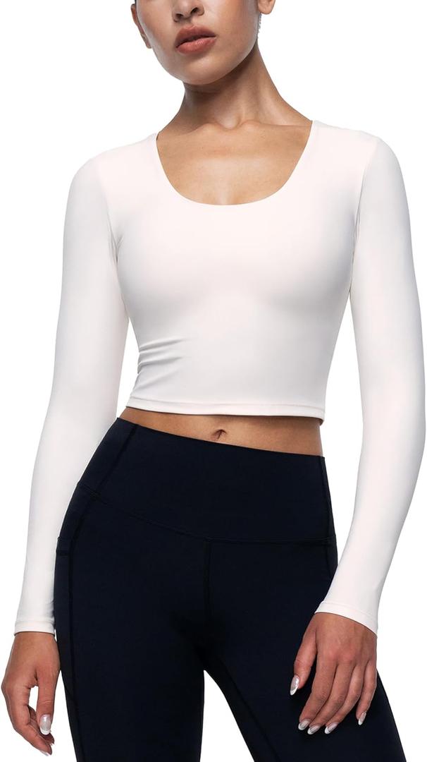ENERBLOOM Womens Long Sleeve Shirts Workout Crop Tops Yoga Tee Built in Bra Mild Support Cream Feeling Athletic Top U-Neck Milk White X-Large
