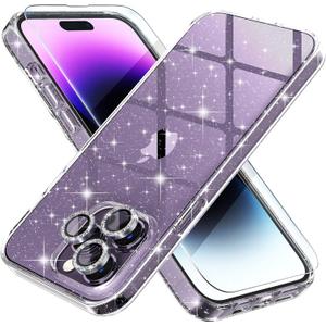 Choiche Compatible for iPhone 14 Pro Max Case Cute, Women Clear Glitter Bling Sparkly Case, [3 x Diamond Camera Lens Protectors] [2 x Tempered Glass Screen Protectors] 6.7-inch (Glitter Clear)