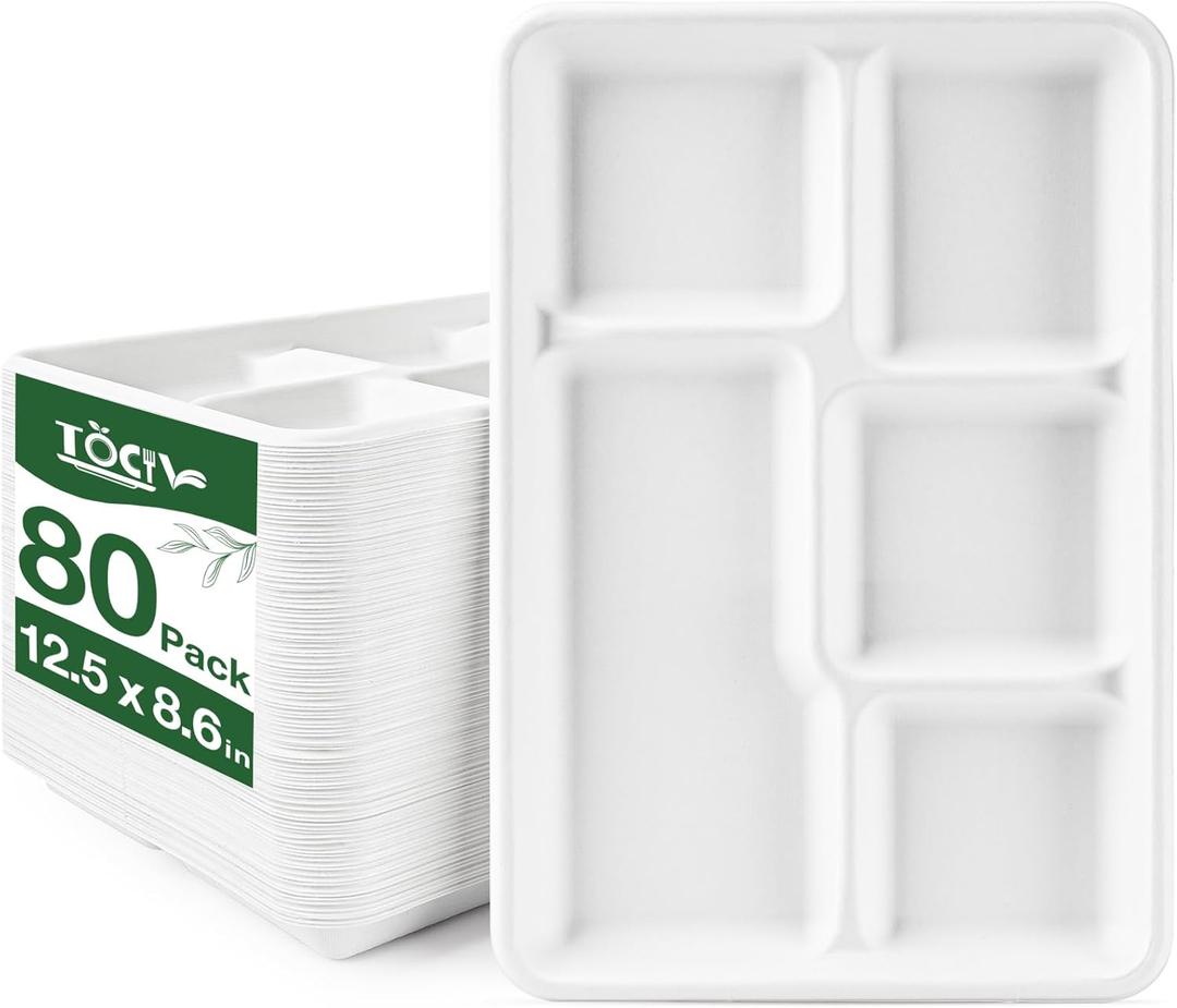 5 Compartment Paper Plates 12.5 x 8.6 inch 80- Count Compostable Disposable Divided Dinner Sectional Plates for Adults Heavy Duty Lunch Party Food Serving Trays with Dividers