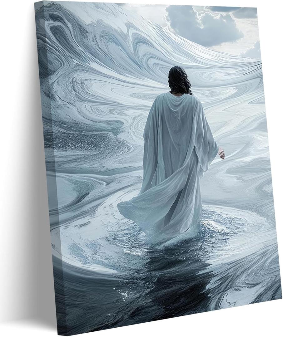 Jesus Christ Walking On Water Canvas Wall Art Mystical Christian Picture Wall Decor Surreal Religious Artworks Poster Print Painting for Living Room Bedroom Church Home Decoration (size 16x24in)