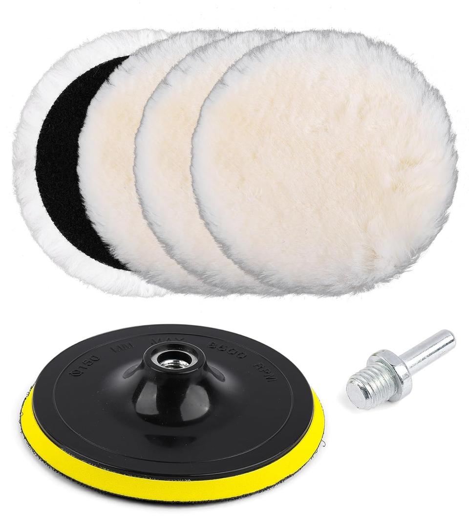 6 Pcs 6 Inch Wool Polishing Buffing Pads, Buffing Wheel for Drill Buffer, M14 Drill Adapter