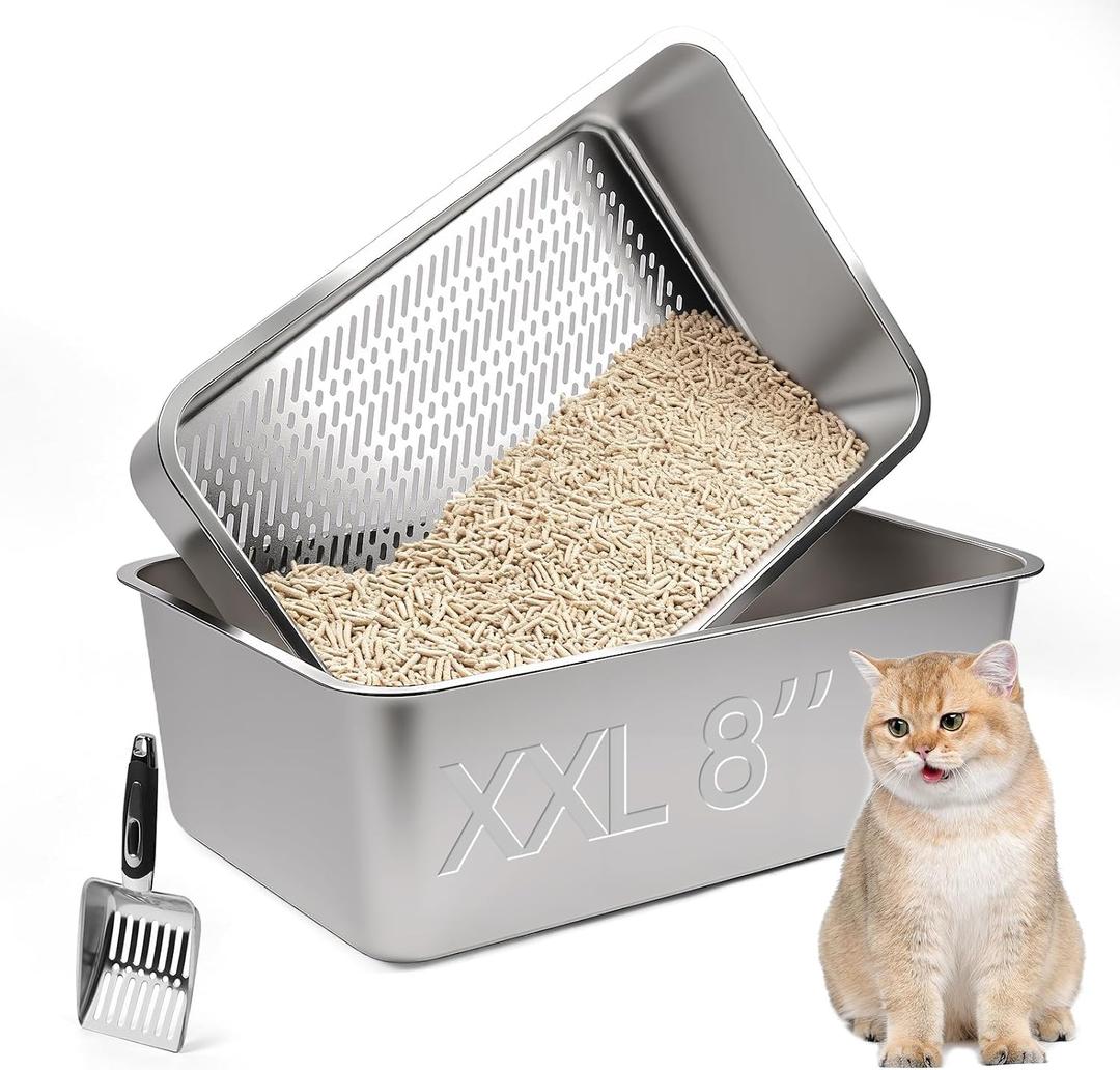 Stainless Steel Sifting Litter Box, 23.6" L x 15.7" W x 8" H Semi-Enclosed Metal Cat Litter Box with Sifting Pan, Scoop for Big Cat Easy Cleaning