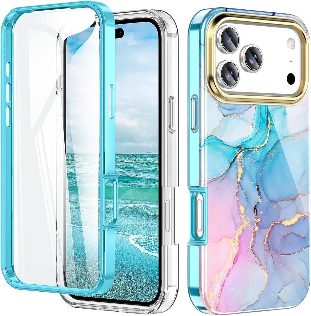 Cute Marble Case for iPhone 17 Pro Max 6.9 inch Built with Screen Protector, Lightweight and Stylish Full Body Shockproof Protective Rugged TPU Case for Women/Girls-Blue Marble (A01)